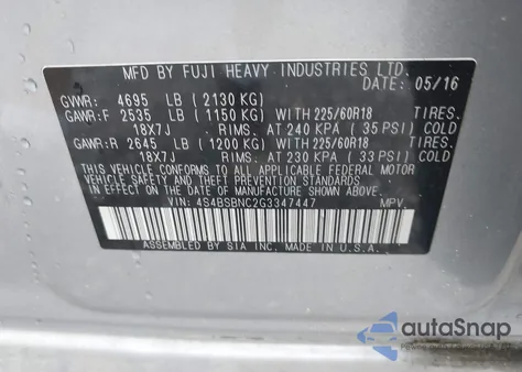 2016 Subaru Outback 2.5I Limited from USA, damaged, VIN 4S4BSBNC2G3347447